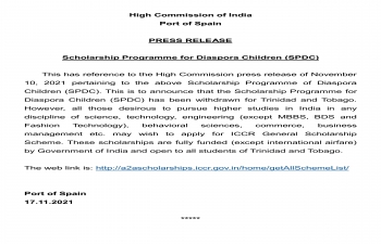 Press Release - Scholarship Programme for Diaspora Children (SPDC)